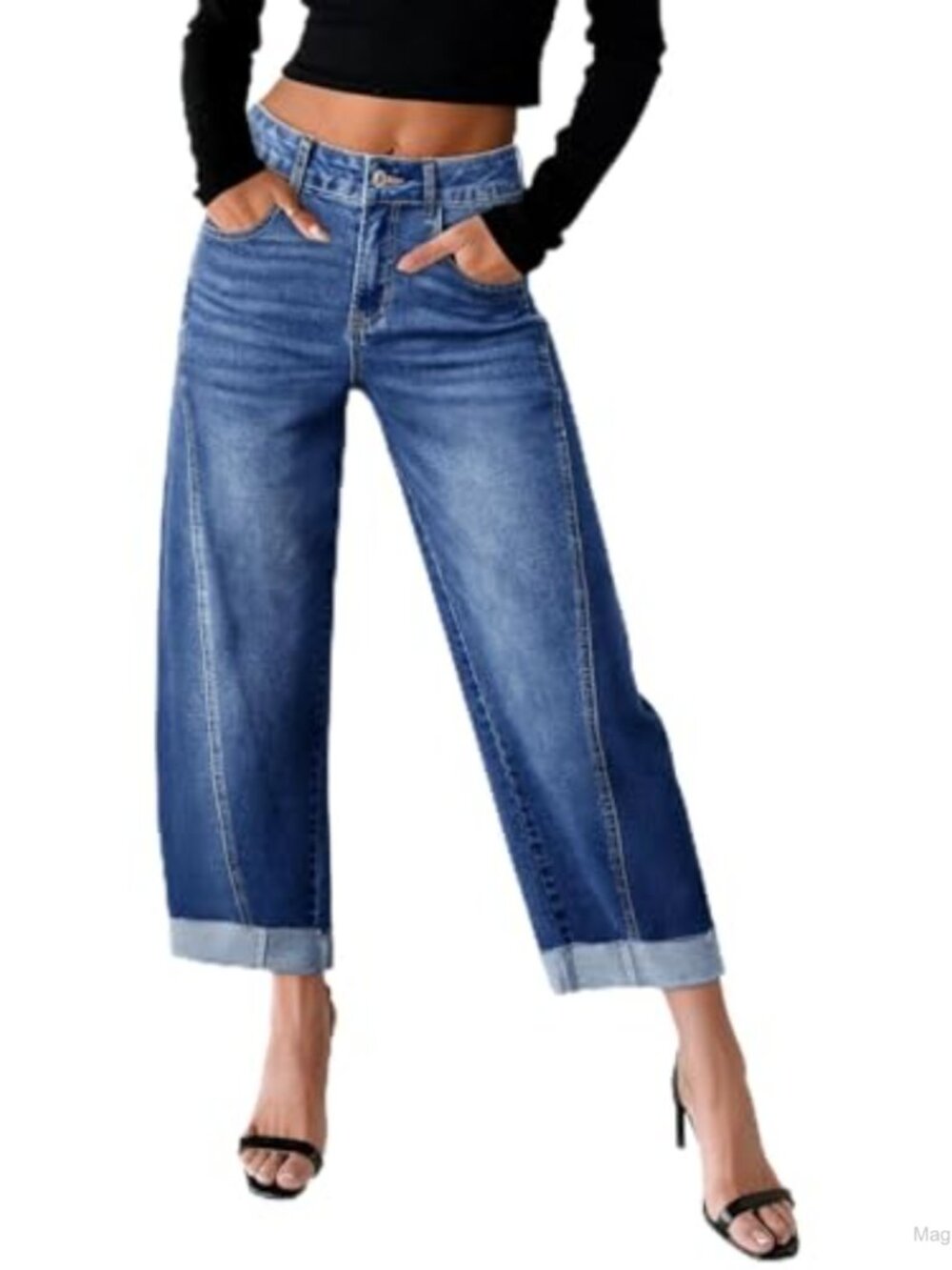 High Waisted Wide Leg Barrel Jeans Raw Rolled Hem Capri Stretch Denim